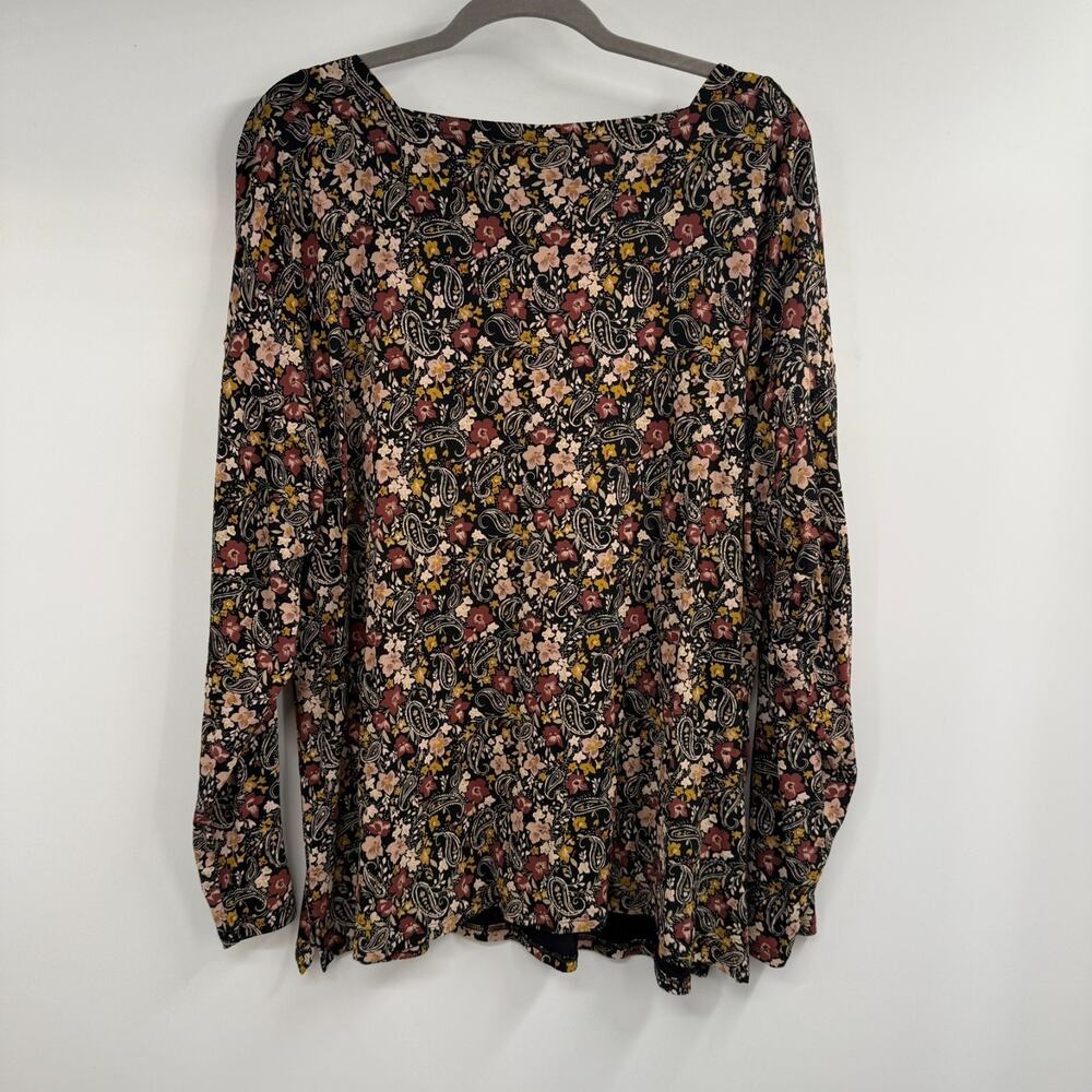 J Jill Wearever Tunic Top Sz 2X Black Floral Paisley Boat Neck Long Sleeve Knit